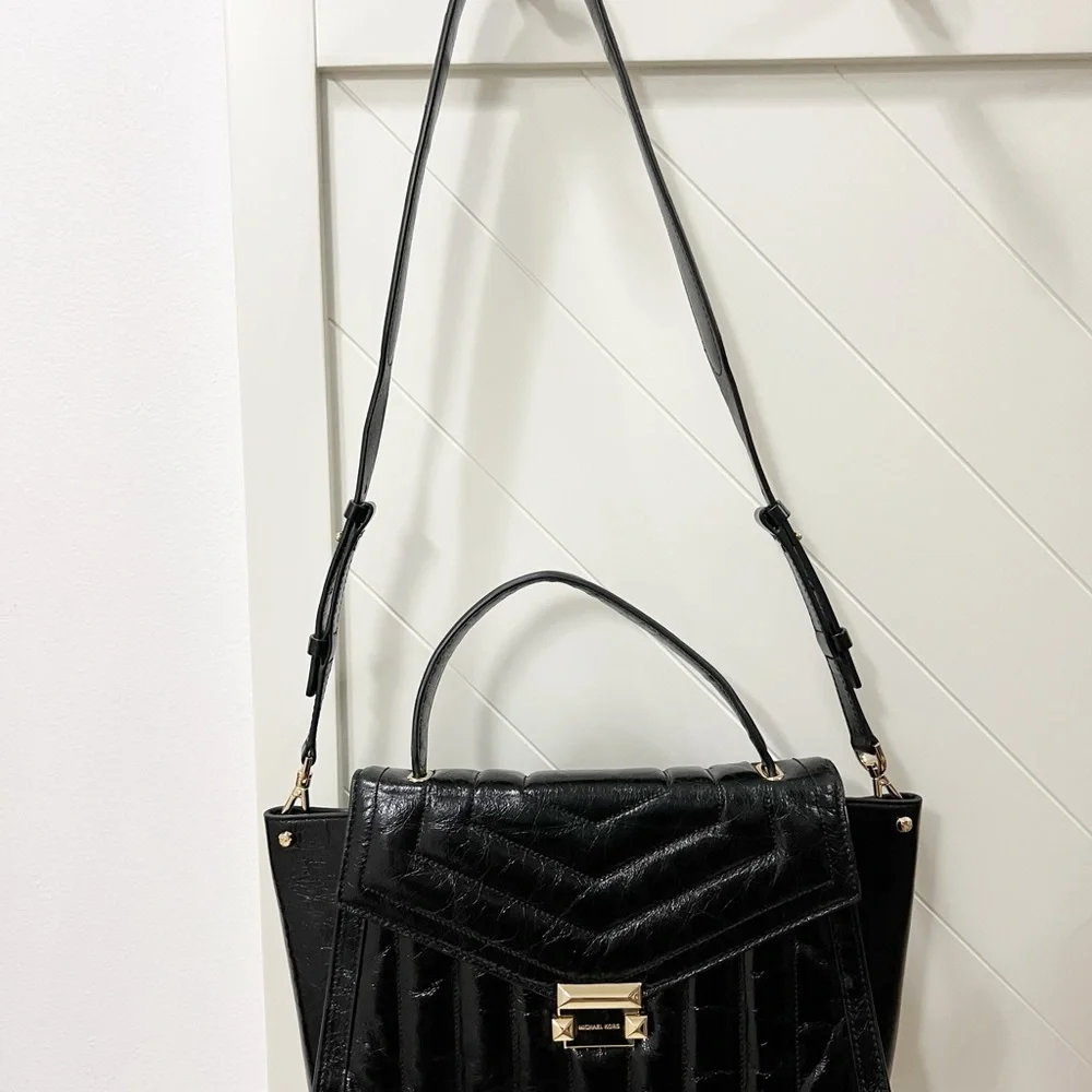 Michael Kors Whitney Large Quilted Crackle Leather Satchel Black